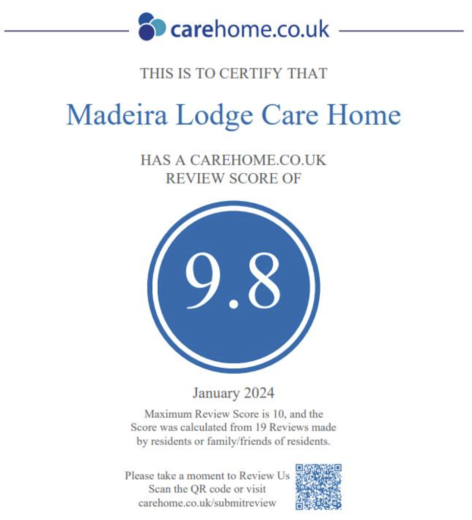 Madeira Lodge Care Home Achieves Exceptional 9.8 Rating on carehome.co.uk